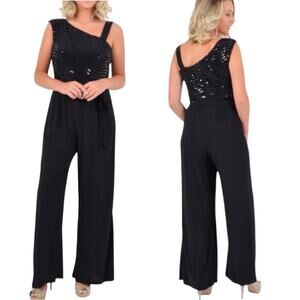 R&M Richards Size 10 Womens Stretch Jersey Jumpsuit Sequin Bodice Black Cocktail